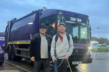 Peter Tompkins and Hedley Fynn-Brand each retiring from Fenland’s refuse and recycling after 46 years with Fenland District Council, with Peter’s dog Luna.